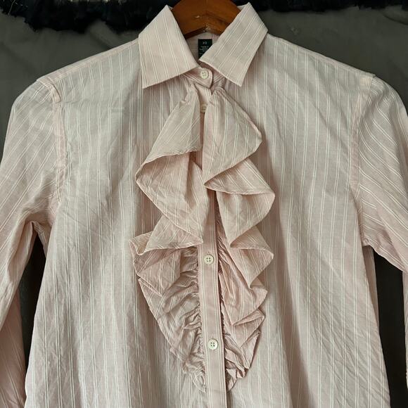 Lauren Ralph Lauren Pinky Peach Pinstripe Ruffle Neck Button Down Blouse Size XS - Picture 4 of 7